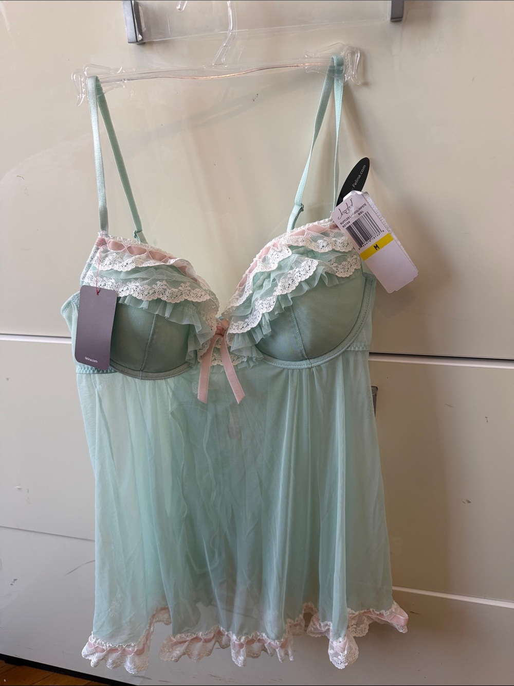 Jezebel by felina Sheer Lace Babydoll Chemise - Mint with Pink Trim size m